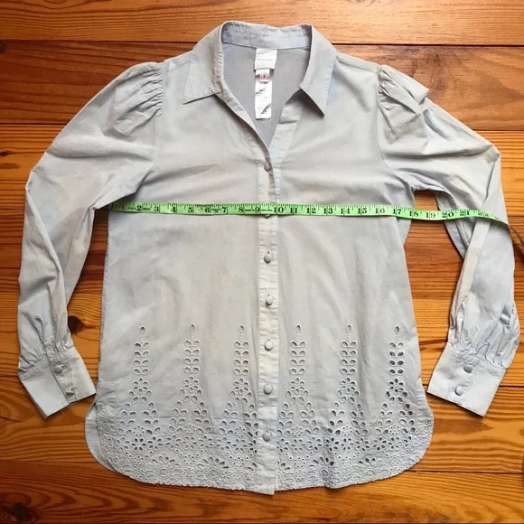 Madeleine Light Blue Cotton Eyelet Button Down Top, EUC, 6 - Picture 8 of 13